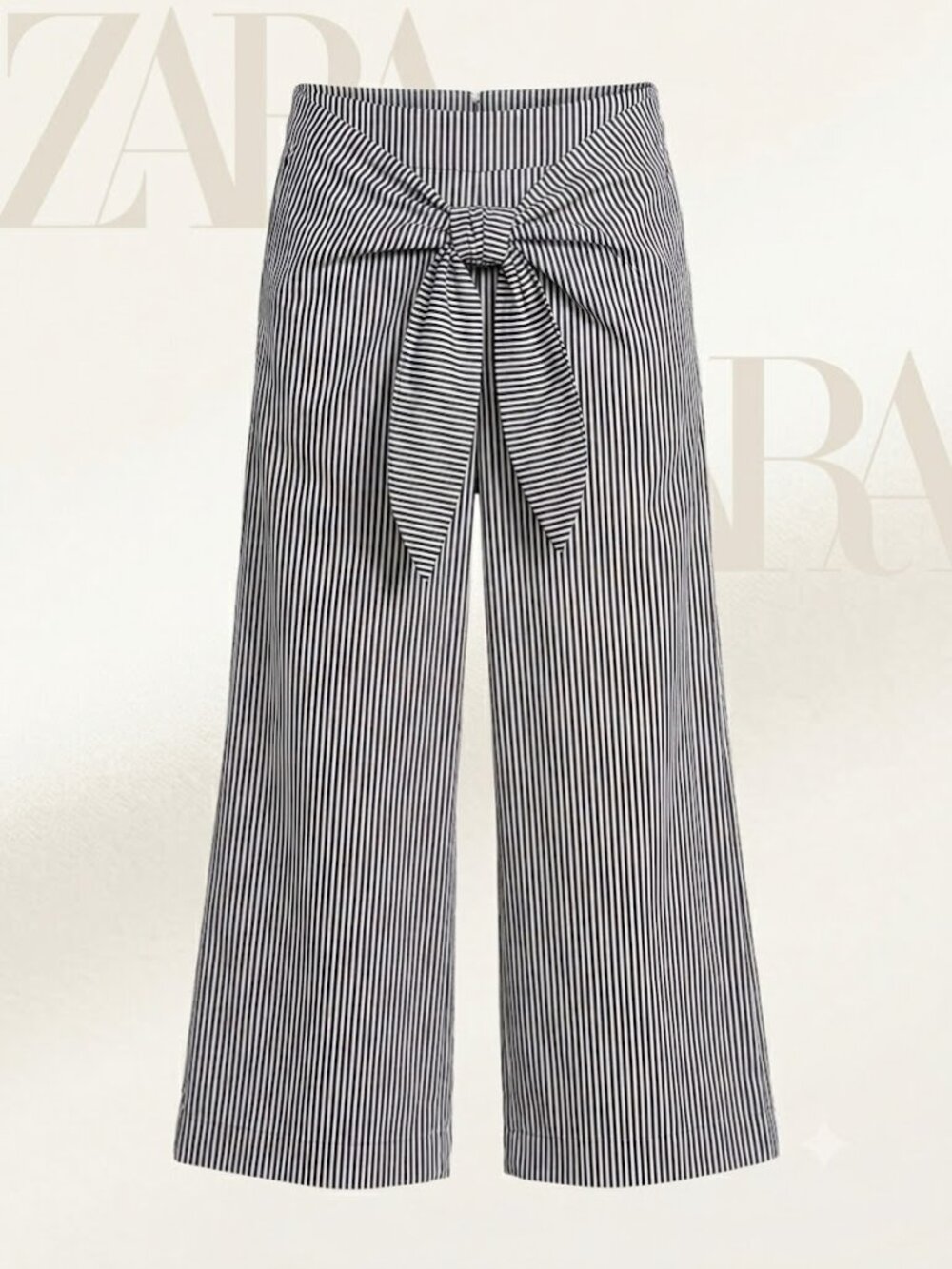 Zara Navy and White Striped Cropped Wide-Leg Pants with Front Tie Culottes - M